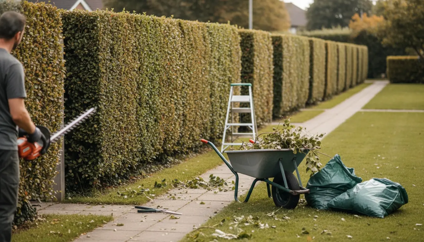 Nyklippet hæk langs en havegang med en trillebør fyldt afklip og haveredskaber klar til affaldshåndtering.