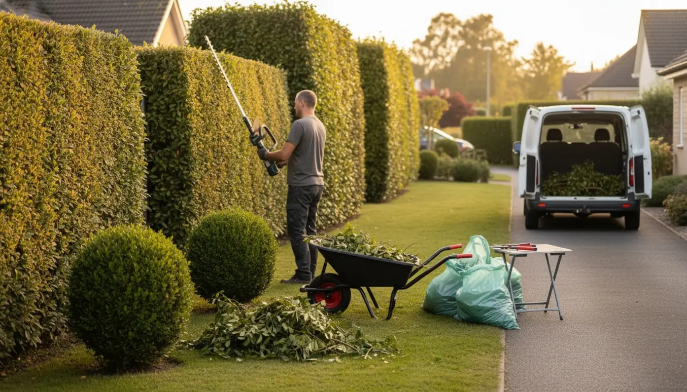 Havearbejder trimmer hække og samler grenaffald i trillebør og sække ved en boligvej.