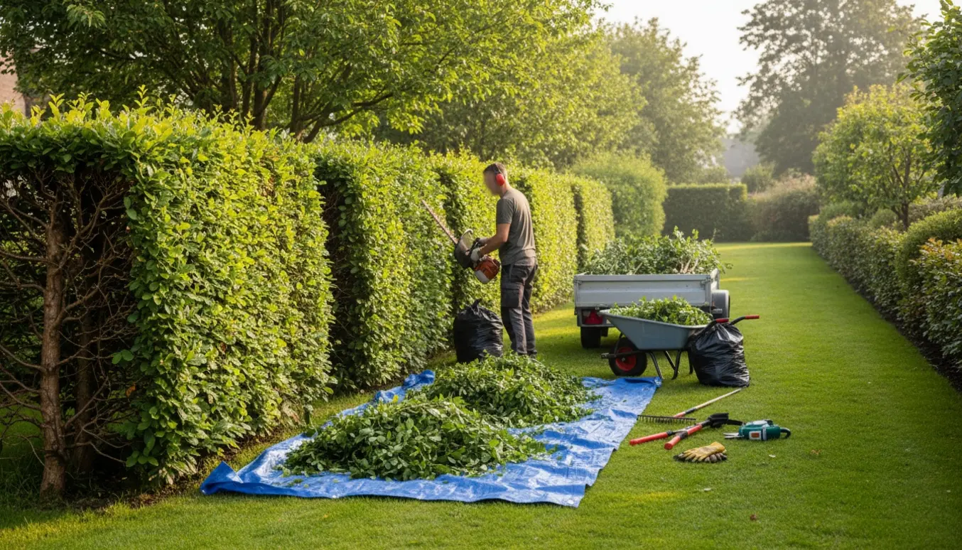 En person trimmer en dobbeltsidet bøgehæk, mens afklip samles i trillebør og sække klar til bortkørsel.