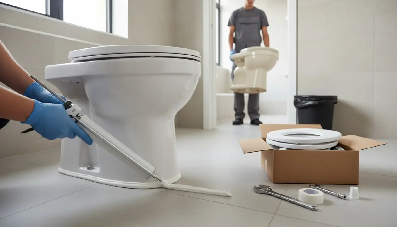 Hånd fuger et nyt hvidt fritstående toilet langs gulvet i et moderne badeværelse.