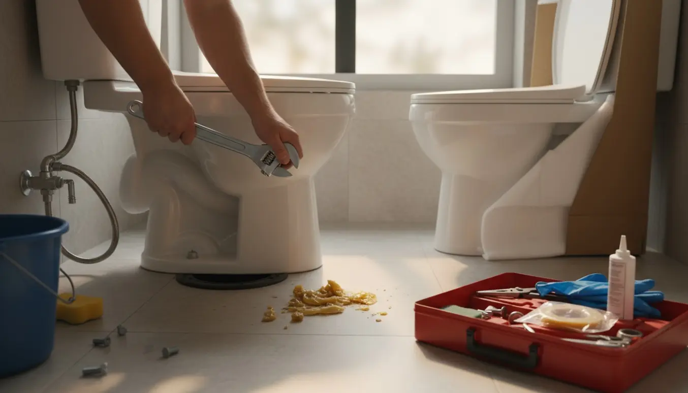Håndværker udskifter et toilet i et lyst badeværelse med nyt toilet og værktøj i forgrunden.