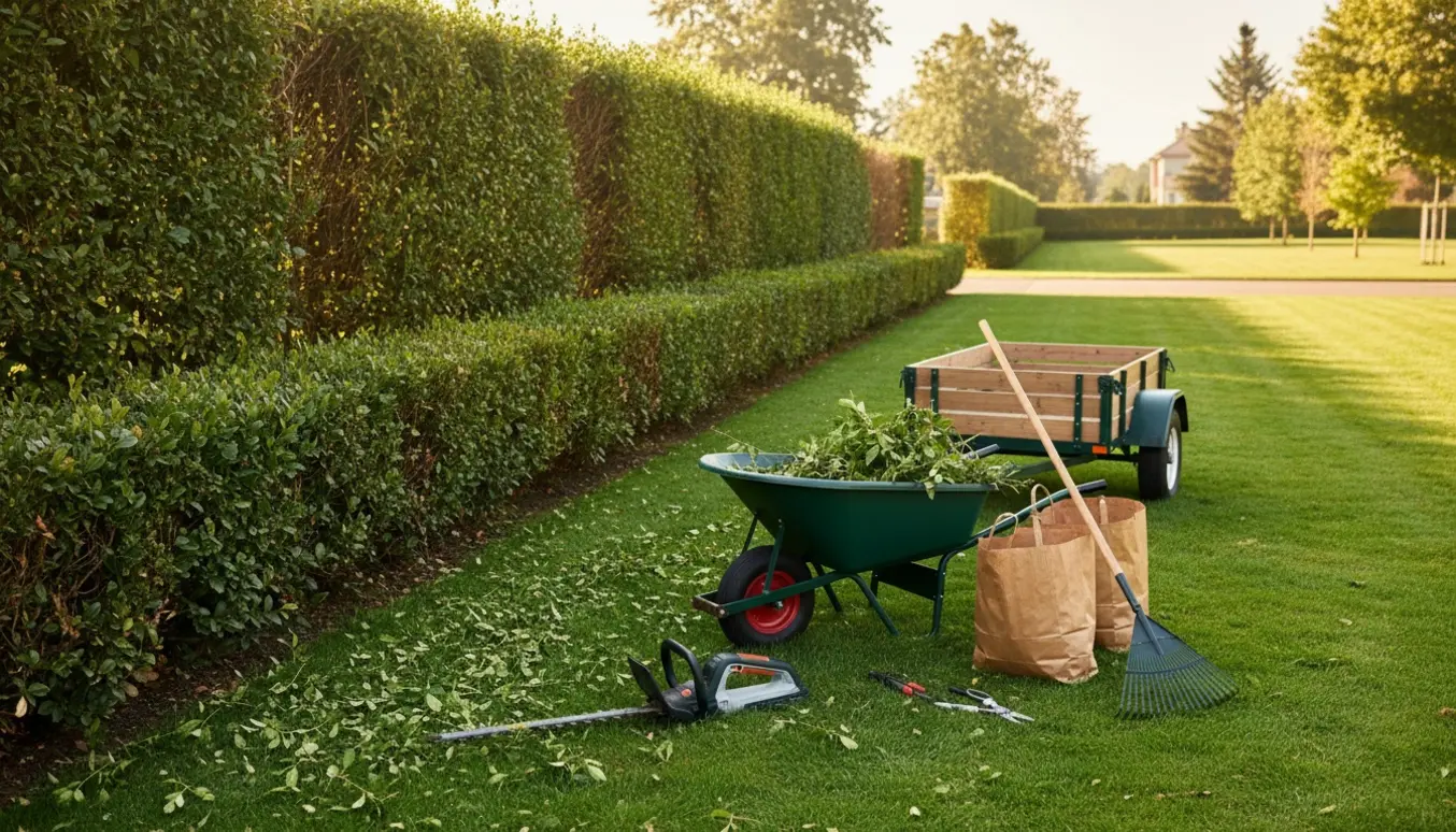 En lang hæk klippes, og afklip samles i trillebør og affaldssække i en rummelig forhave.