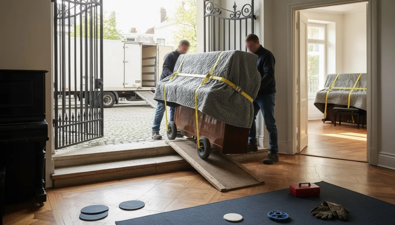 To flyttefolk trækker et klaver gennem en gård mod en varevogn, mens et andet klaver ses indpakket i stuen.