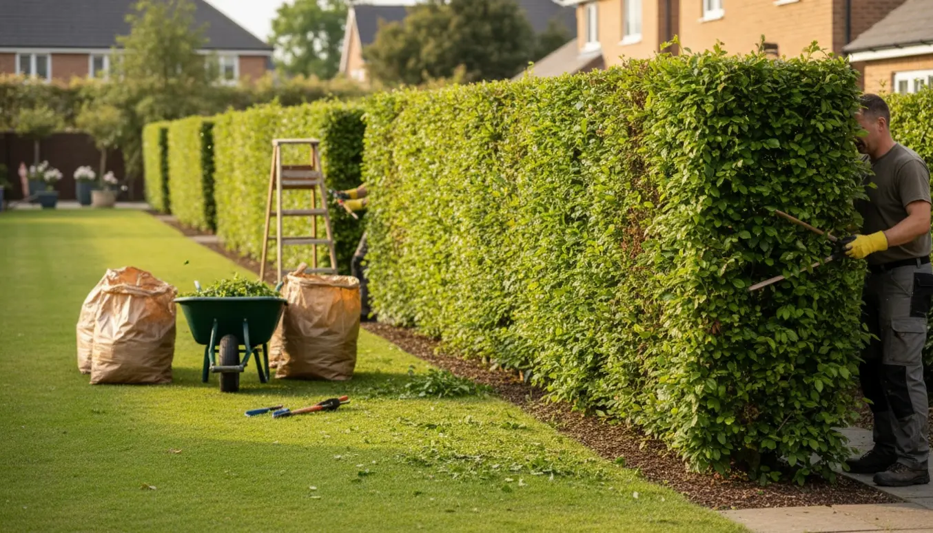 Person trimmer en lang bøgehæk ved en klar adgangssti, med afklip samlet i trillebør og haveposer.