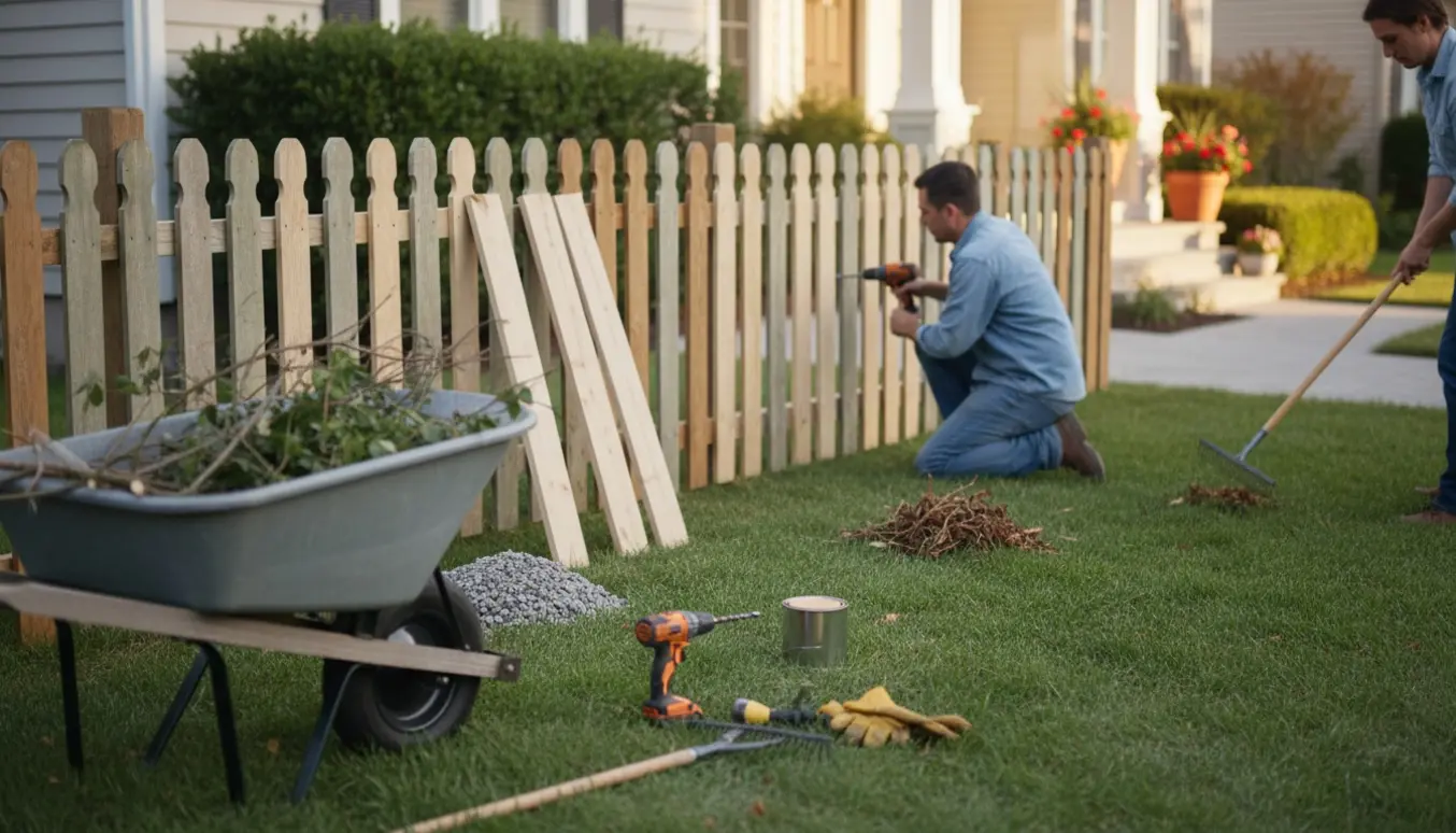 Forhave i morgenlys med værktøj og hænder, der reparerer et hegn for at forbedre husets facade.