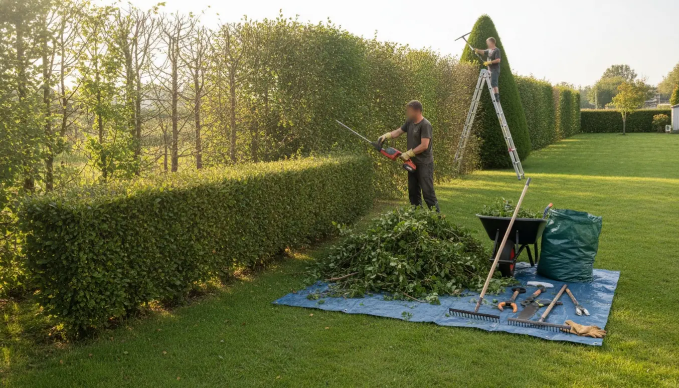 Nyligt beskåret bøgehæk med synlig før‑efter sektion, værktøj og opsamlet afklip klar til bortskaffelse.