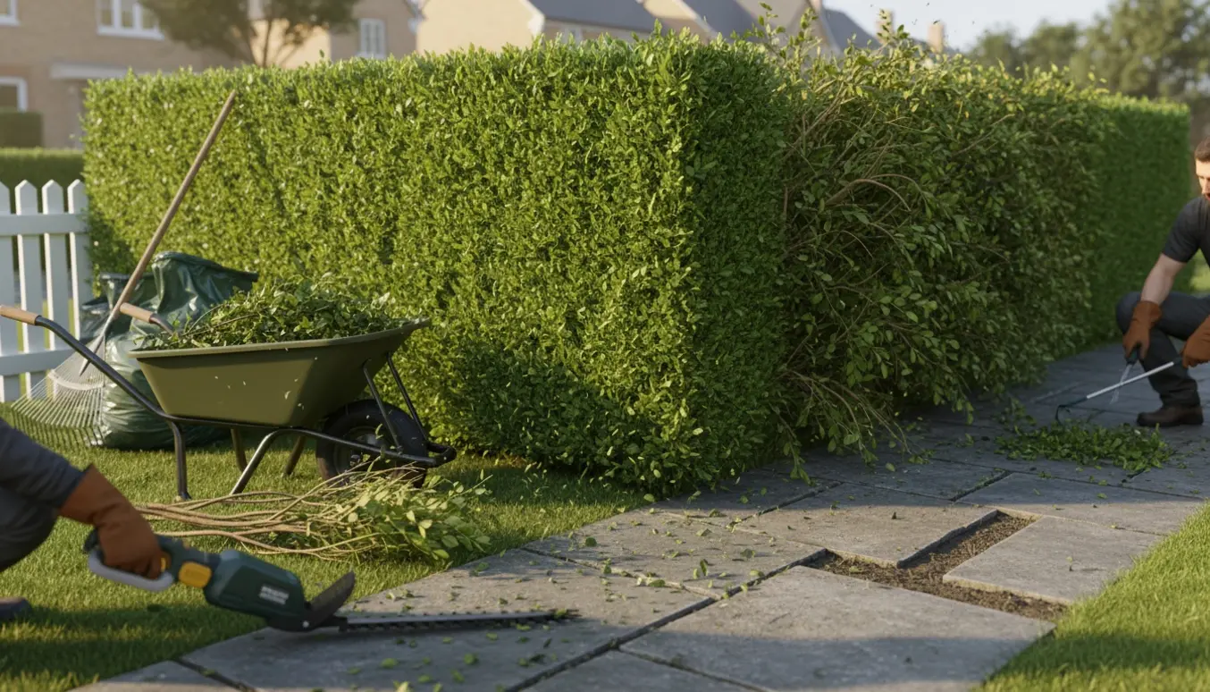 Hækken ved et hjørne bliver beskåret, ukrudt fjernes mellem skifersten, og en trillebør er fyldt med hækafklip.