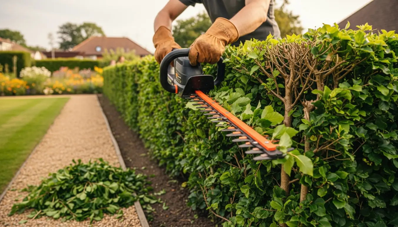 Gartner trimmer den ene side af en lang bøgehæk med en elektrisk hækkeklipper, og friske afklip ligger på stien.