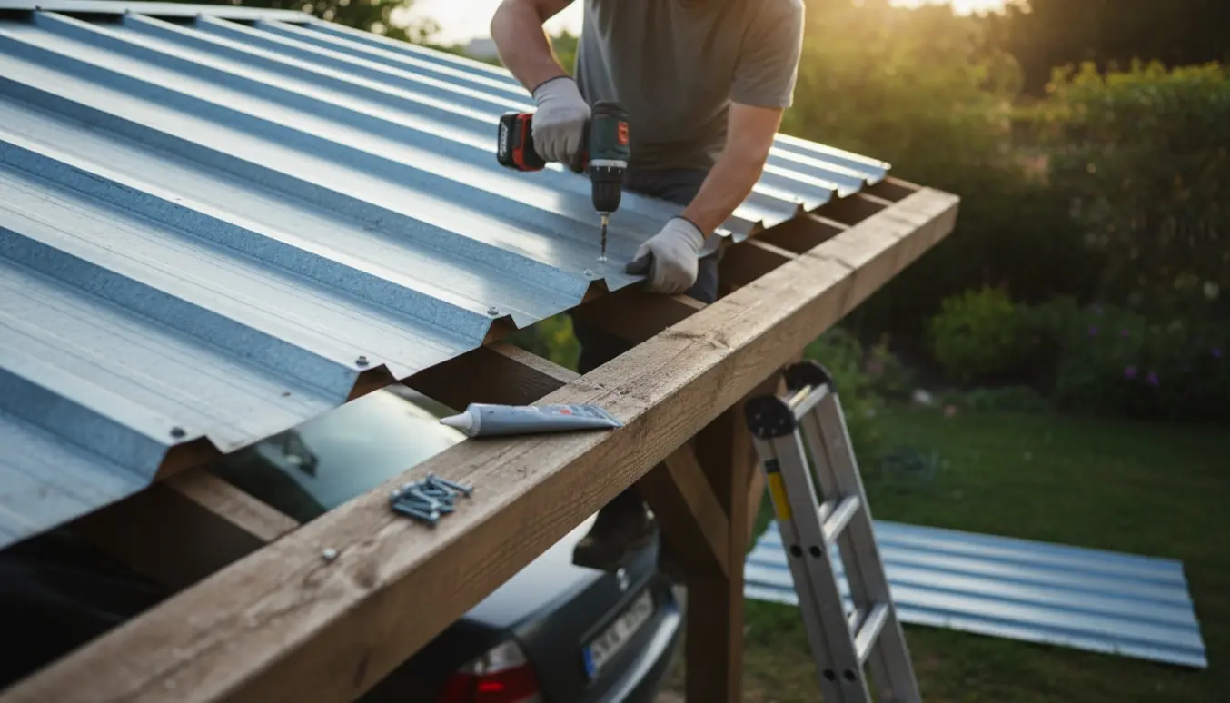 En person sætter et nyt trapezplade på kanten af en træcarport, med boreværktøj og skruer i fokus.