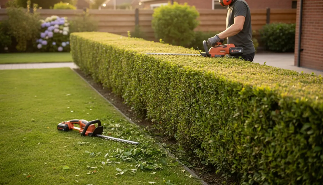 Person klipper en ca. 19 m lang, 2 m høj hæk med en elektrisk hækkeklipper, og klippeaffald samler sig ved hækfoden.