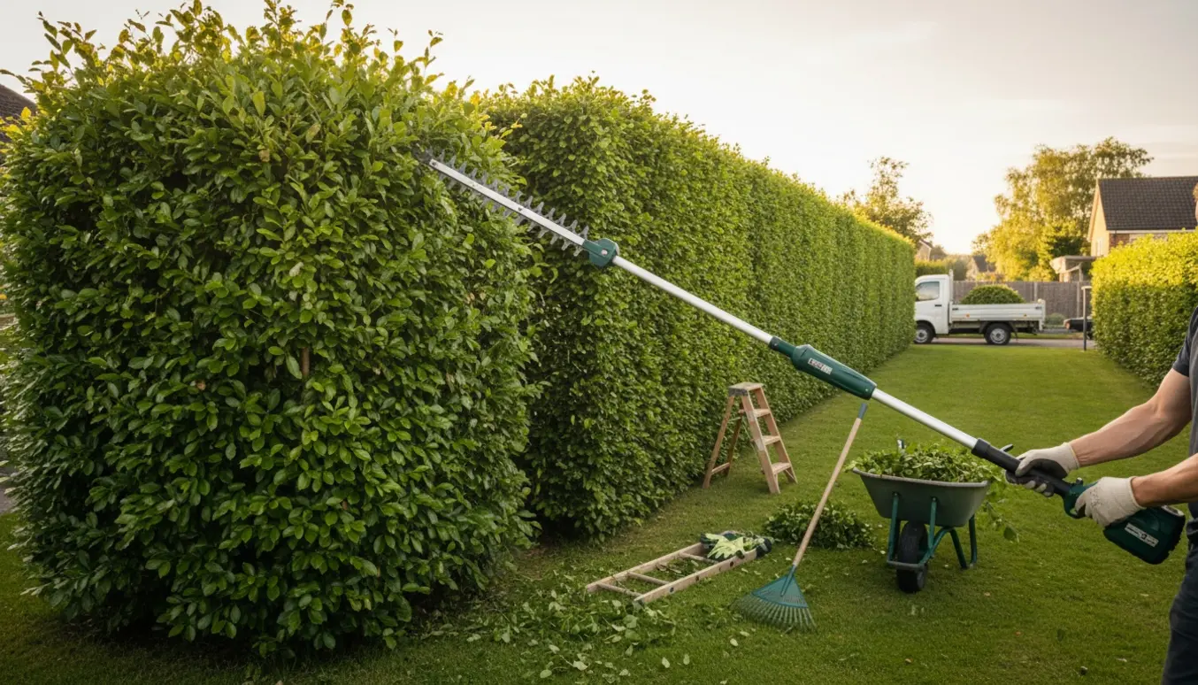 En person trimmer en lang bøgehæk med en stanghækkeklipper, mens afklip ligger samlet i en trailer.