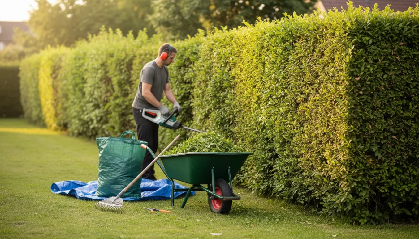 Person beskærer en lang hæk og samler afklip i en trillebør i en solrig have.