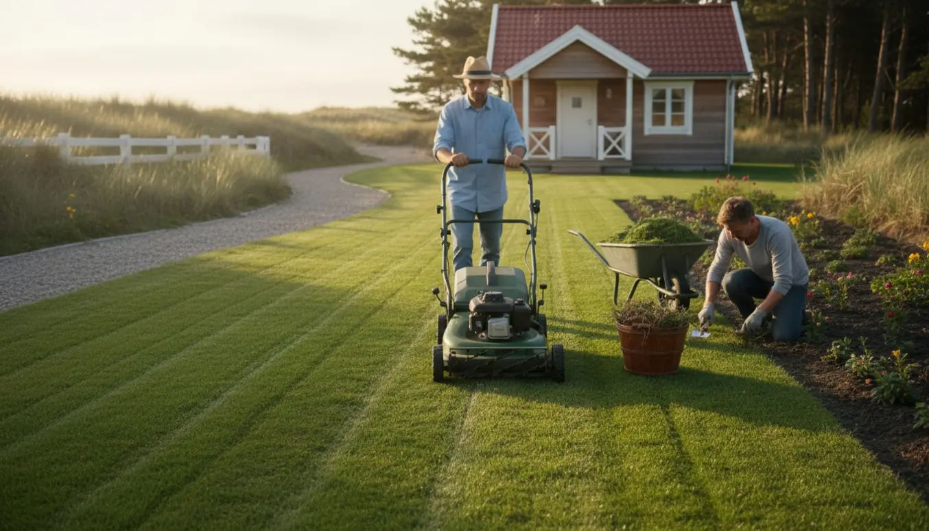Sommerhusgrund ved kysten med friskklippet græs, en person der slår græs og hænder der fjerner ukrudt.