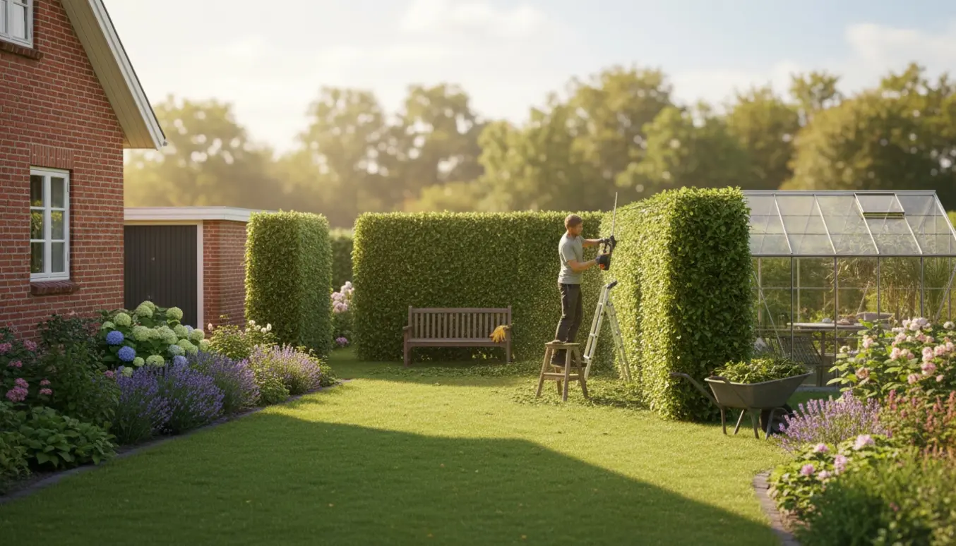 Sen-sommerfoto af en 2 m høj hæk ved en velholdt villa i Randers, hvor hækken klippes fra haven.