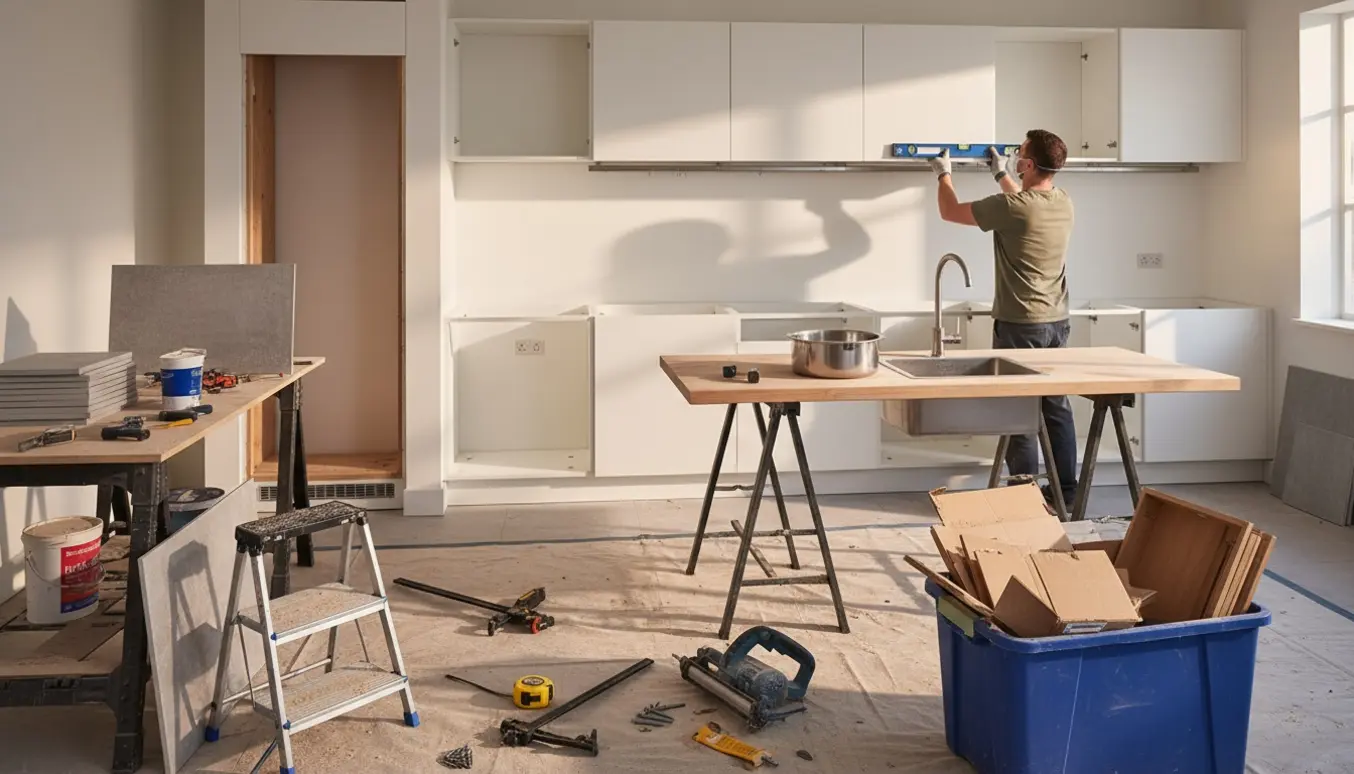 Køkken under udskiftning med nye overskabe, underskabe, bordplade, vask og værktøj.