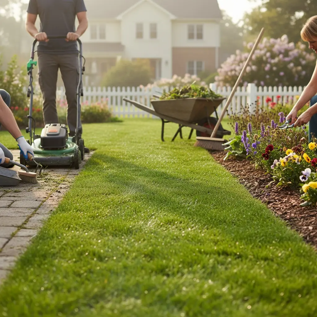 Græs slås i forgrunden, ukrudt fjernes mellem fliserne på terrassen, og et blomsterbed klippes og ryddes.