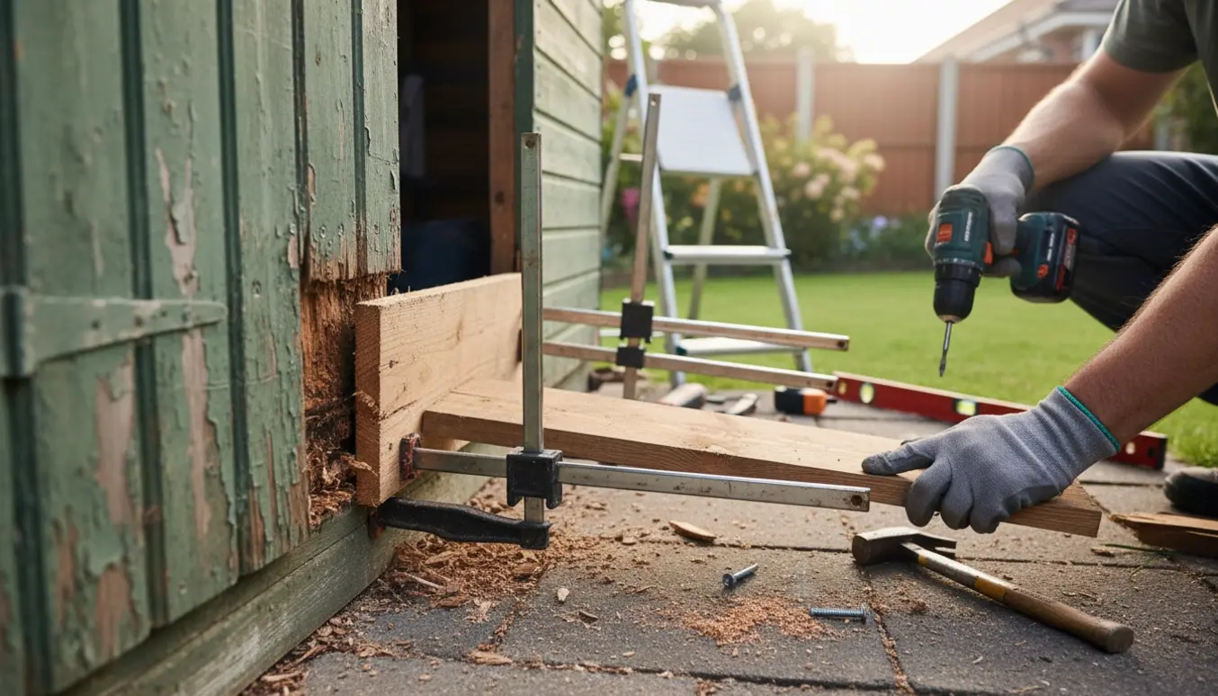 Tømrer udskifter et rådnet bundbræt på et træskur i en baghave med værktøj og træspåner.