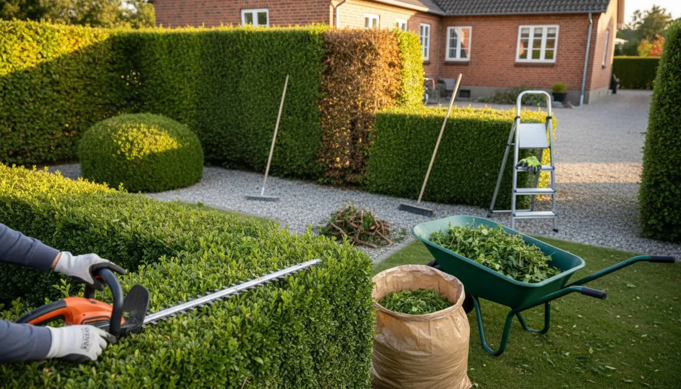 Nyklippede hække foran en dansk villa med værktøj og opsamlet hækafklip.