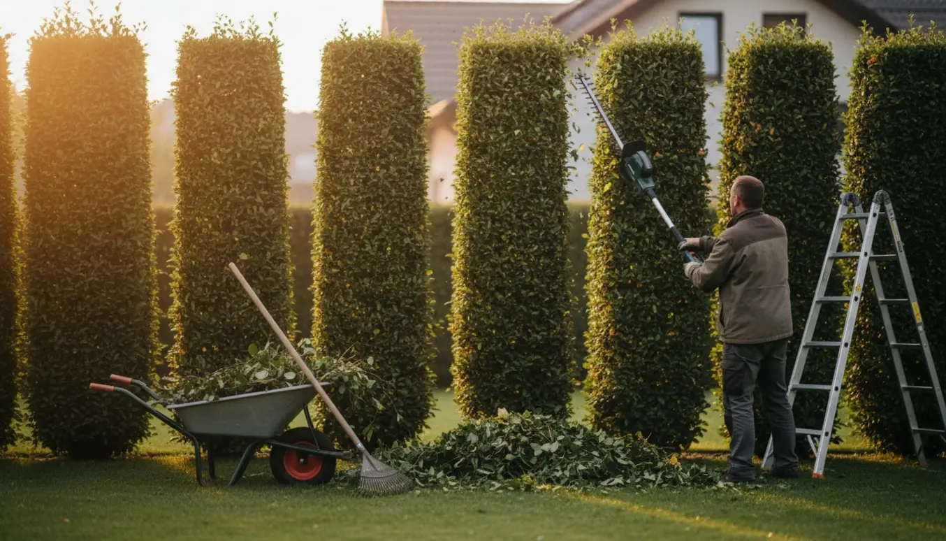 Hækkeklipning af store, høje buske i en solbeskinnet have med klippeaffald i trillebør.