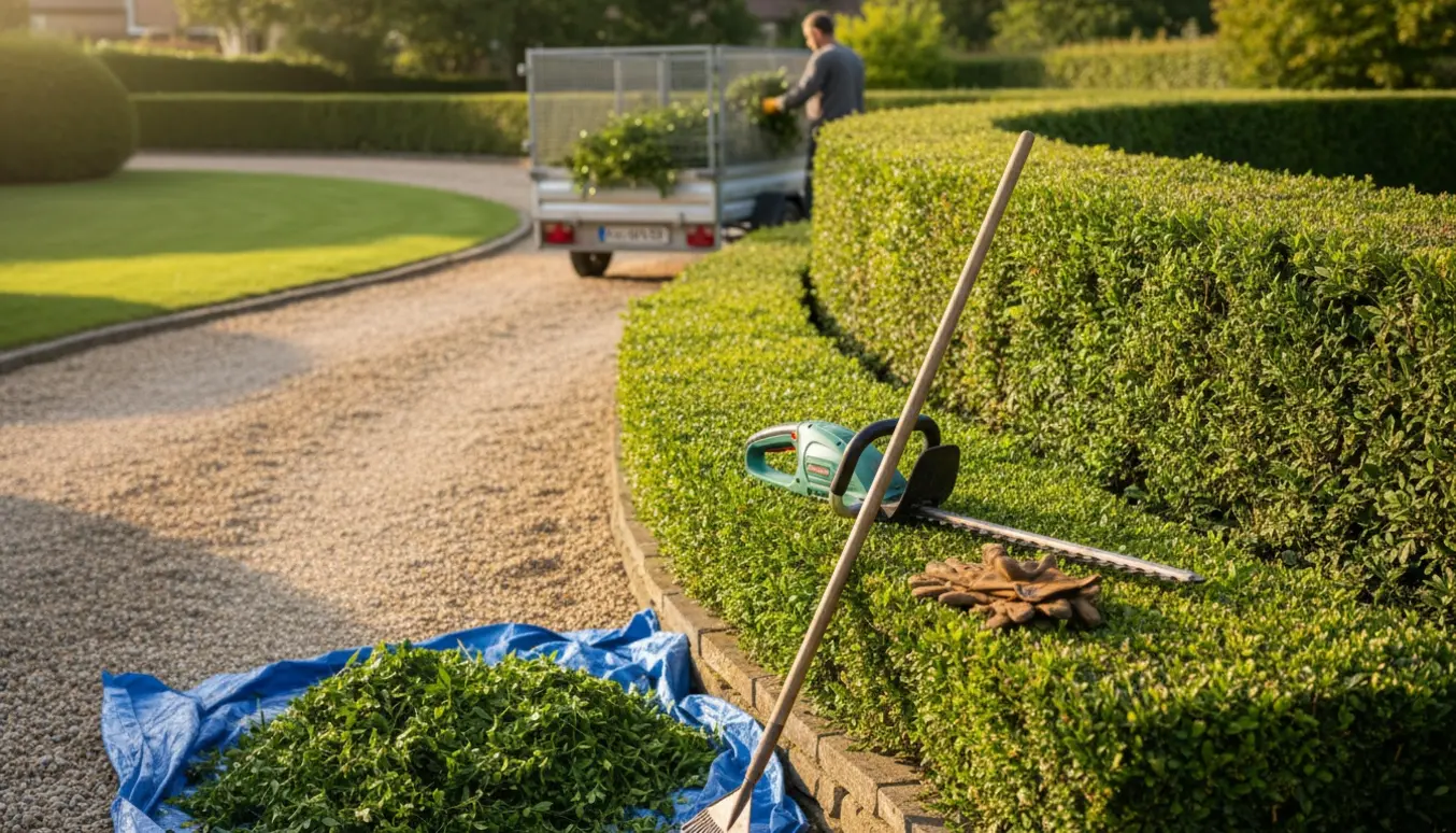 Nypudset ligusterhæk ved indkørsel med hækkeklipper, bande af klippede grene på en trailer.