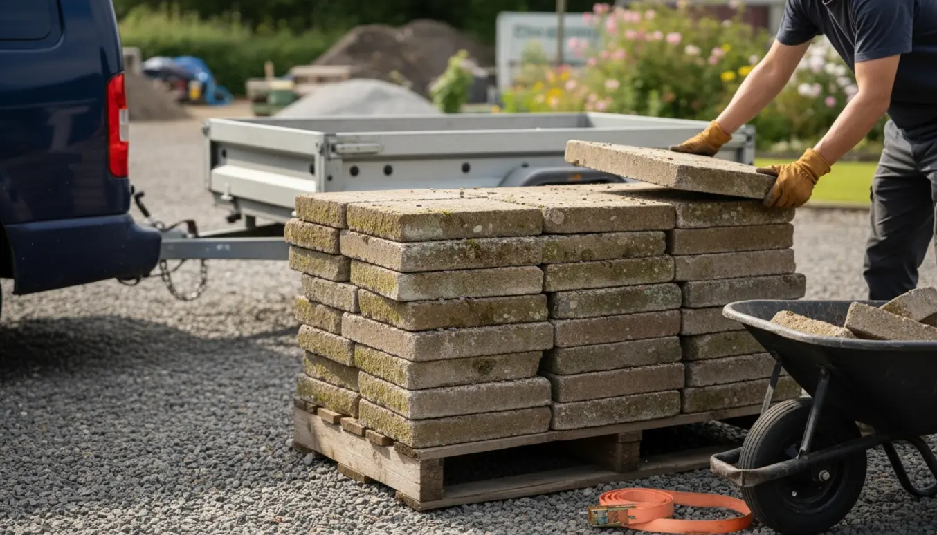 Stak betonfliser på en palle ved en varevogn, klar til levering til genbrug.