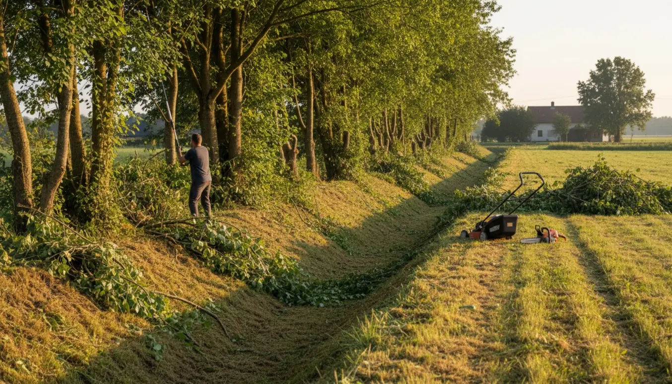 Beskæring af buske og græsklipning langs en tør grøft med afklip i grøften.