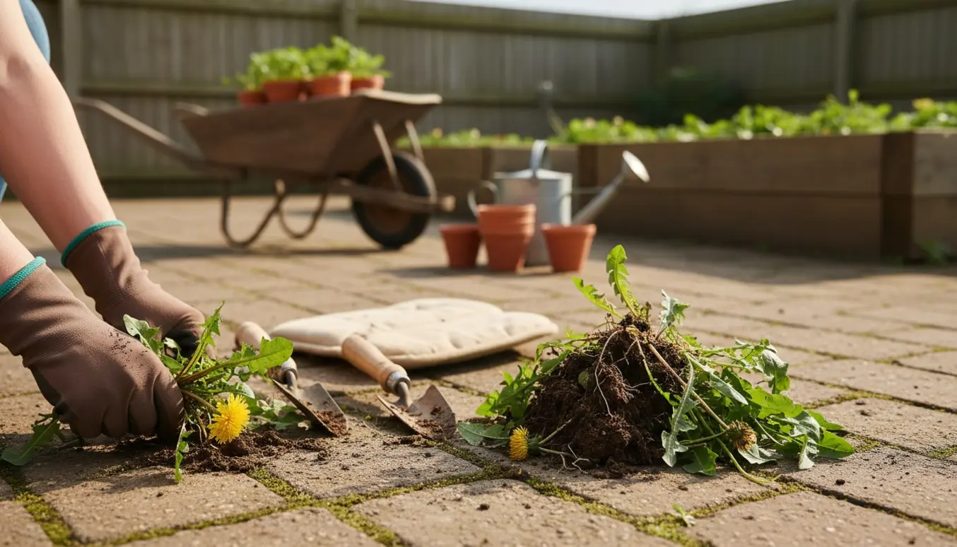 Hænder i havehandsker fjerner ukrudt mellem fliser i en solbeskinnet gårdhave.