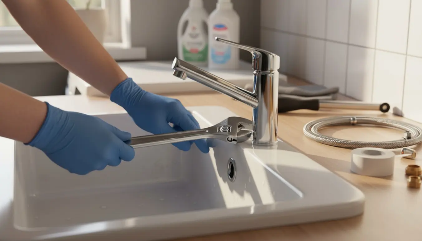 Hænder monterer en ny kromarmatur i en hvid vask i bryggerset med værktøj på bordet.