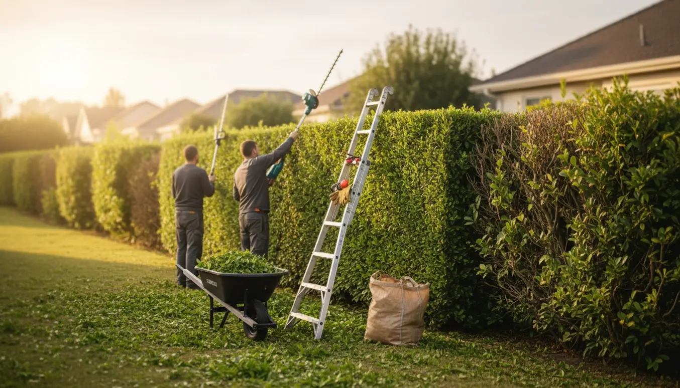 To personer trimmer en lang hæk langs en villavej med trillebør og bunker af afklip i forgrunden.