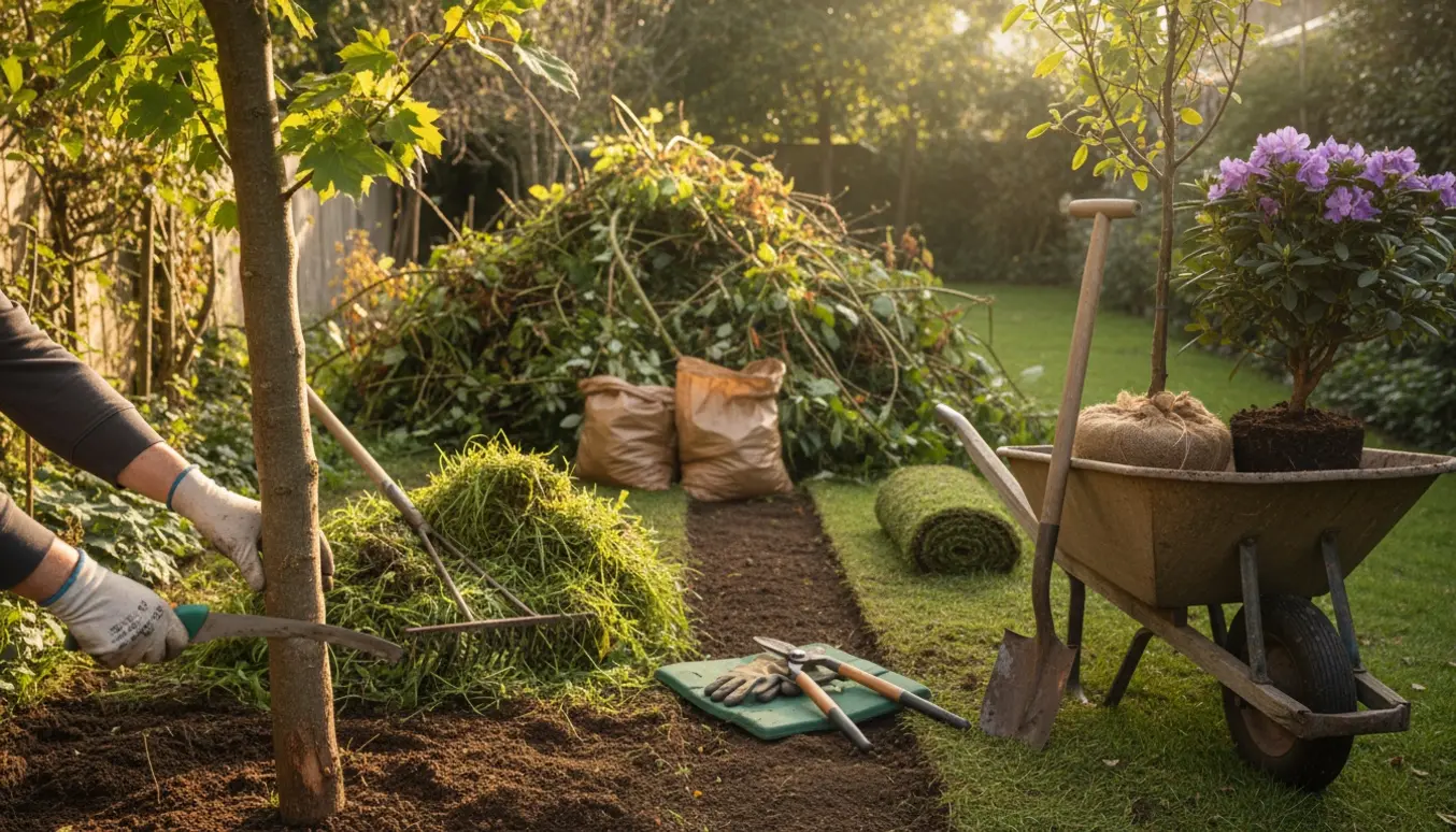 Hænder i havehandsker fjerner ukrudt og flytter et lille træ i en småvild have med værktøj og trillebør.