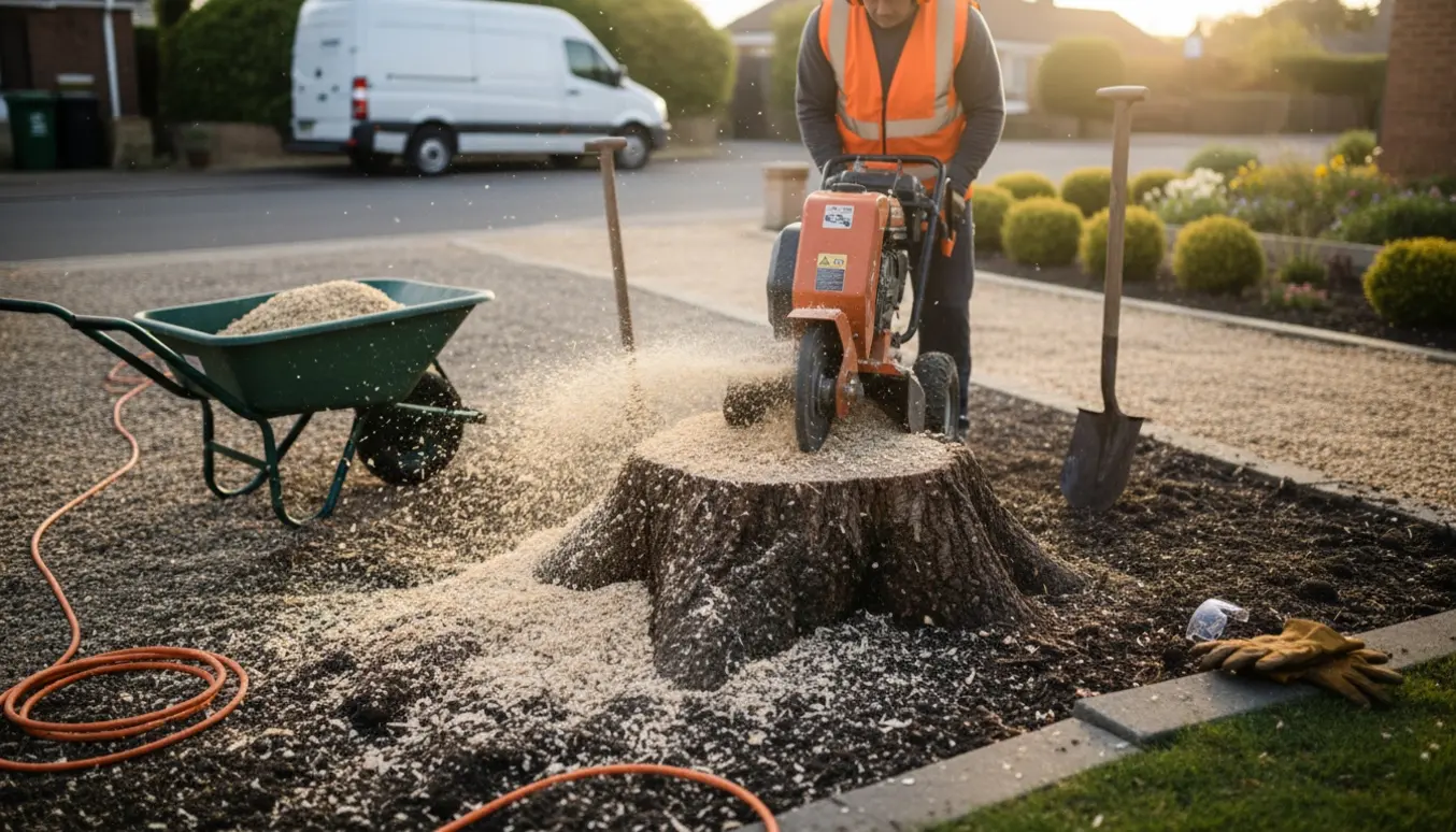 En 50–75 cm træstub bliver fræset væk i blød jord med en fræser, værktøj og træflis ved indkørslen.