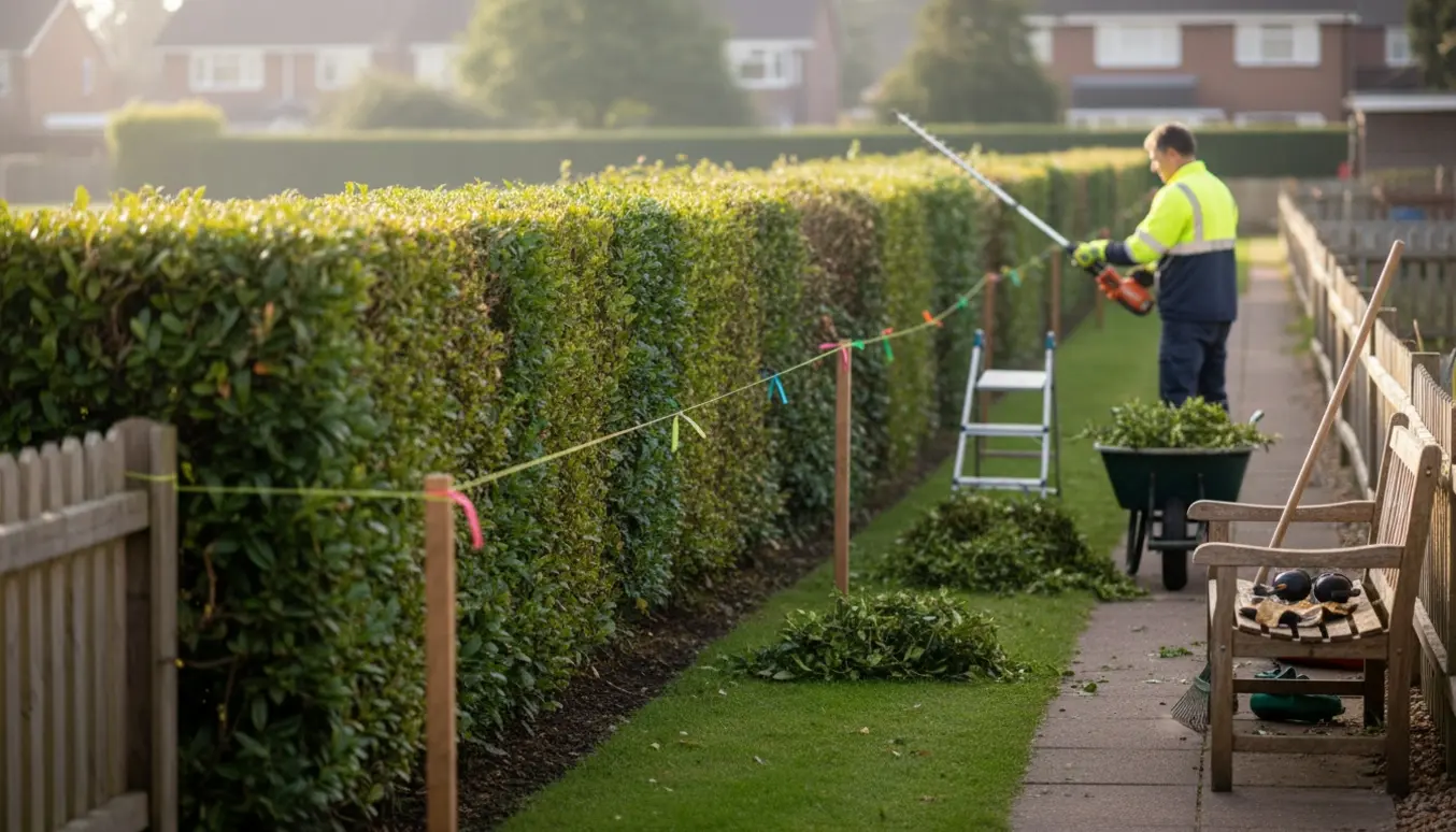 Lang havehæk under professionel klipning med redskaber og bunker af friske afklip.