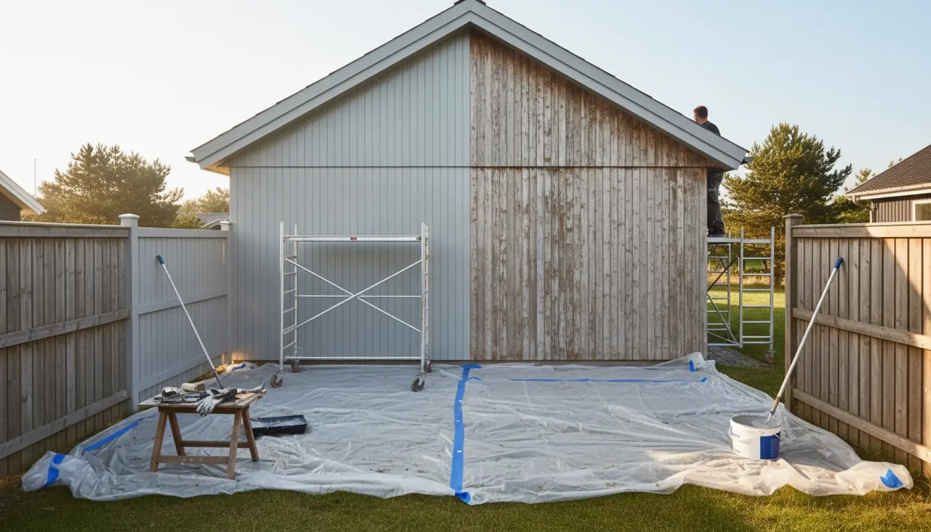 Delvist malet træsommerhus med afdækket terrasse og malerværktøj, hænder ruller maling på facaden.