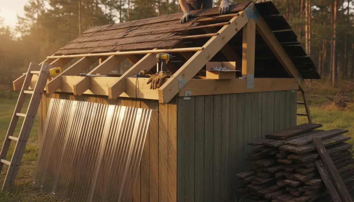 Udskiftning af tag på brændeskur med ny træramme og gennemsigtige plastplader, værktøj og fjernet råddent træ.