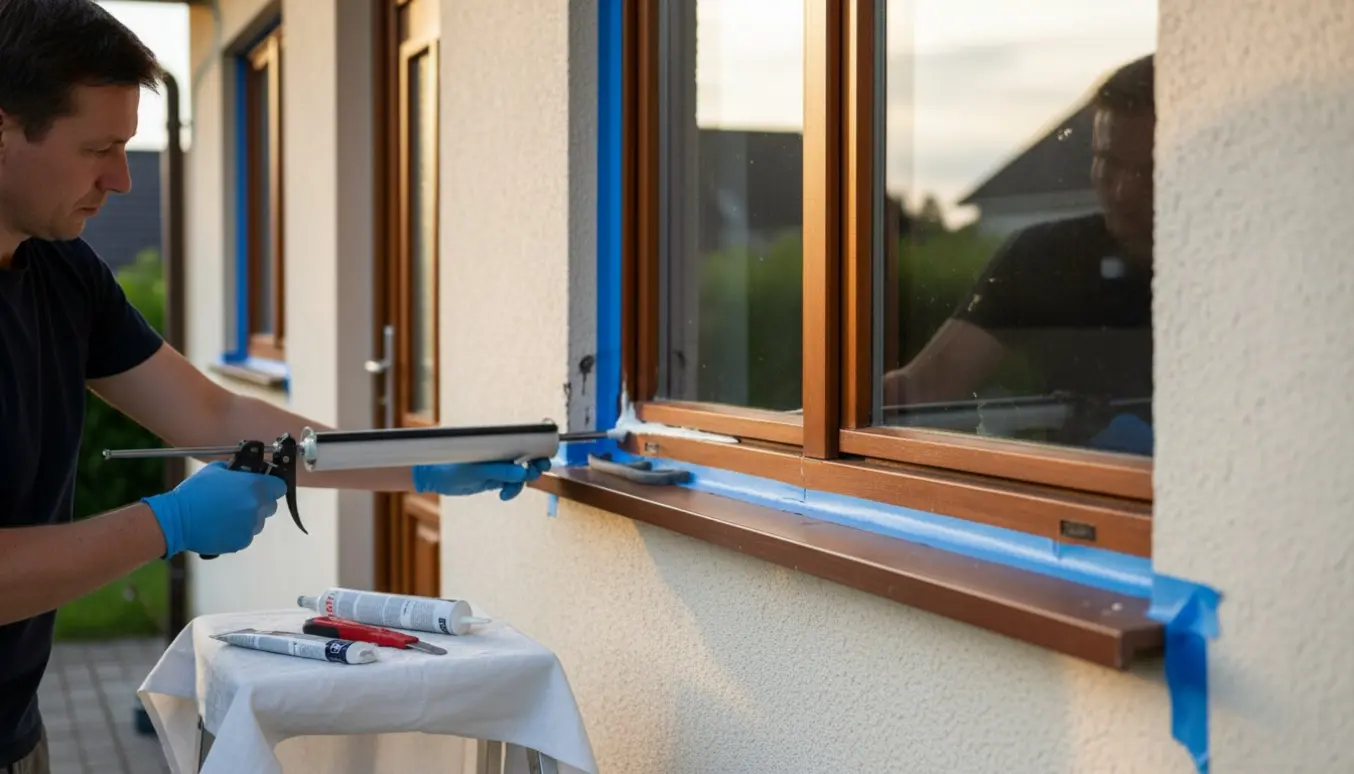 Håndværker fugeudskiftning omkring en dør og to vinduer på husets vestside med fugepistol og værktøj.
