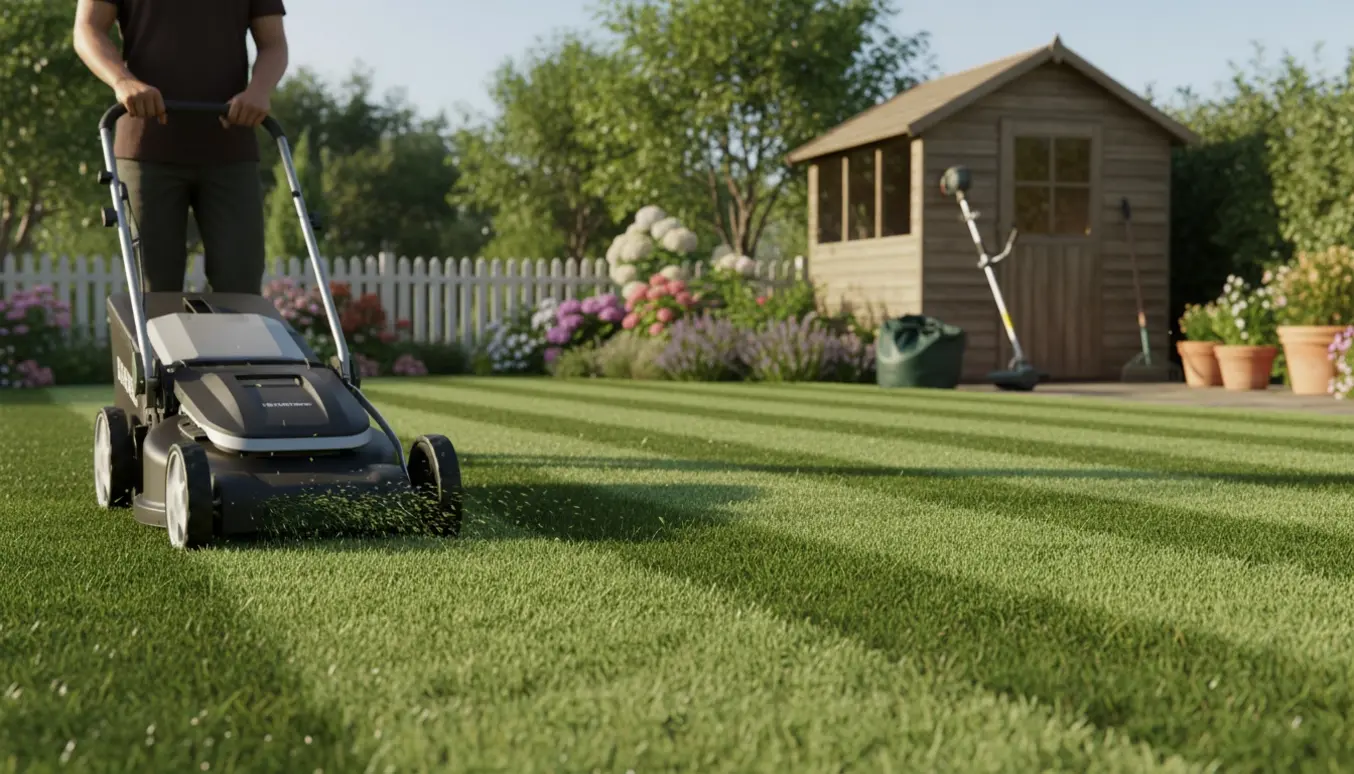 Plæneklipper klipper græs i en velplejet have set med operatørens overkrop afskåret for at undgå ansigt.