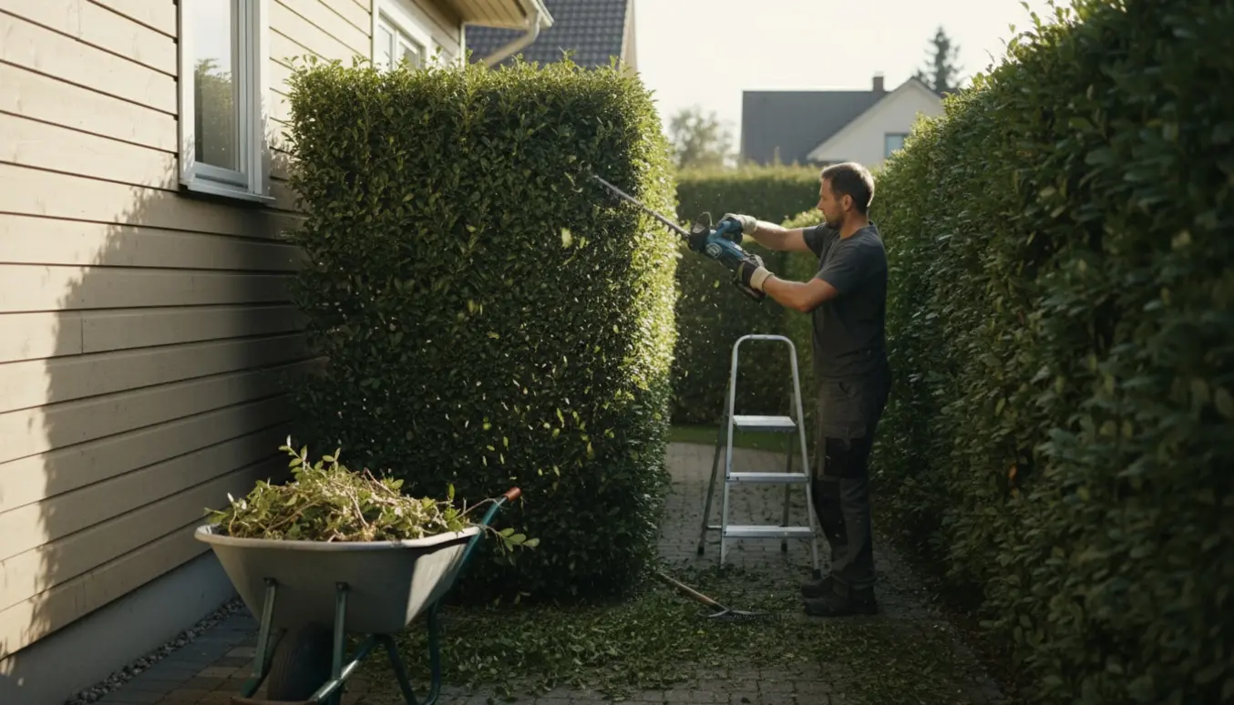 En person trimmer hæk rundt om huset med en elektrisk hækkeklipper og en trillebør fyldt med afklippede grene.