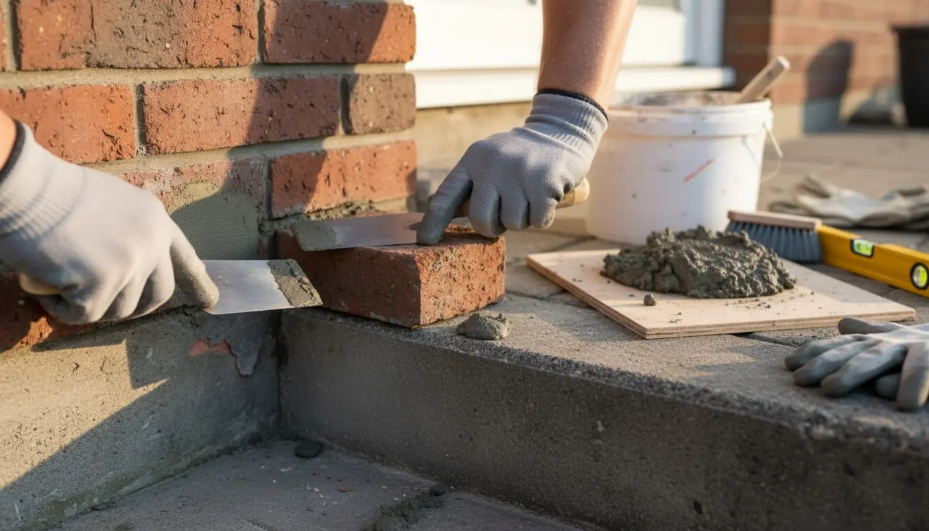 Nærbillede af murerarbejde med hænder, der lægger mørtel på en løs mursten og reparerer sokkel og trappe.