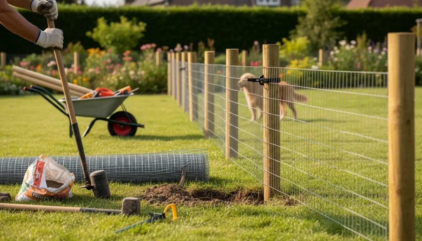 Opsætning af trådhegn omkring en have med pæle, værktøj og en hund bag det delvist færdige hegn.