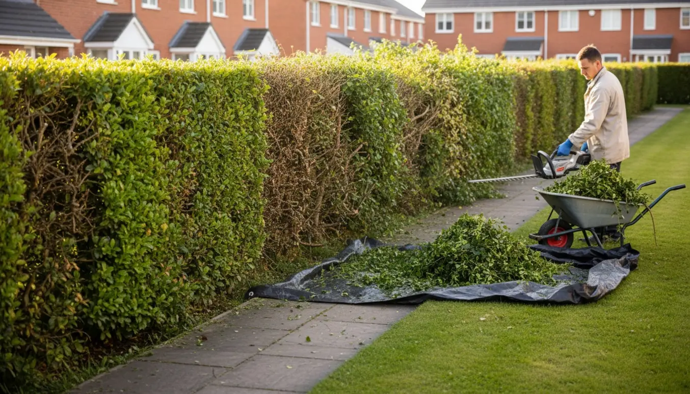 Rækkehæk ved et rækkehus under beskæring med hækkeklipper og bunker af afklippede grene.