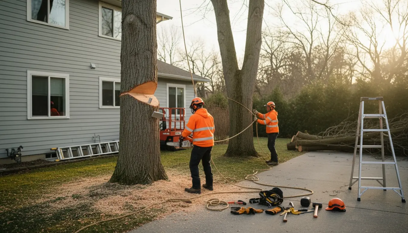To træer fældes forsigtigt nær et hus med opskæring, kædesav, reb og savsmuld ved en fri indkørsel.