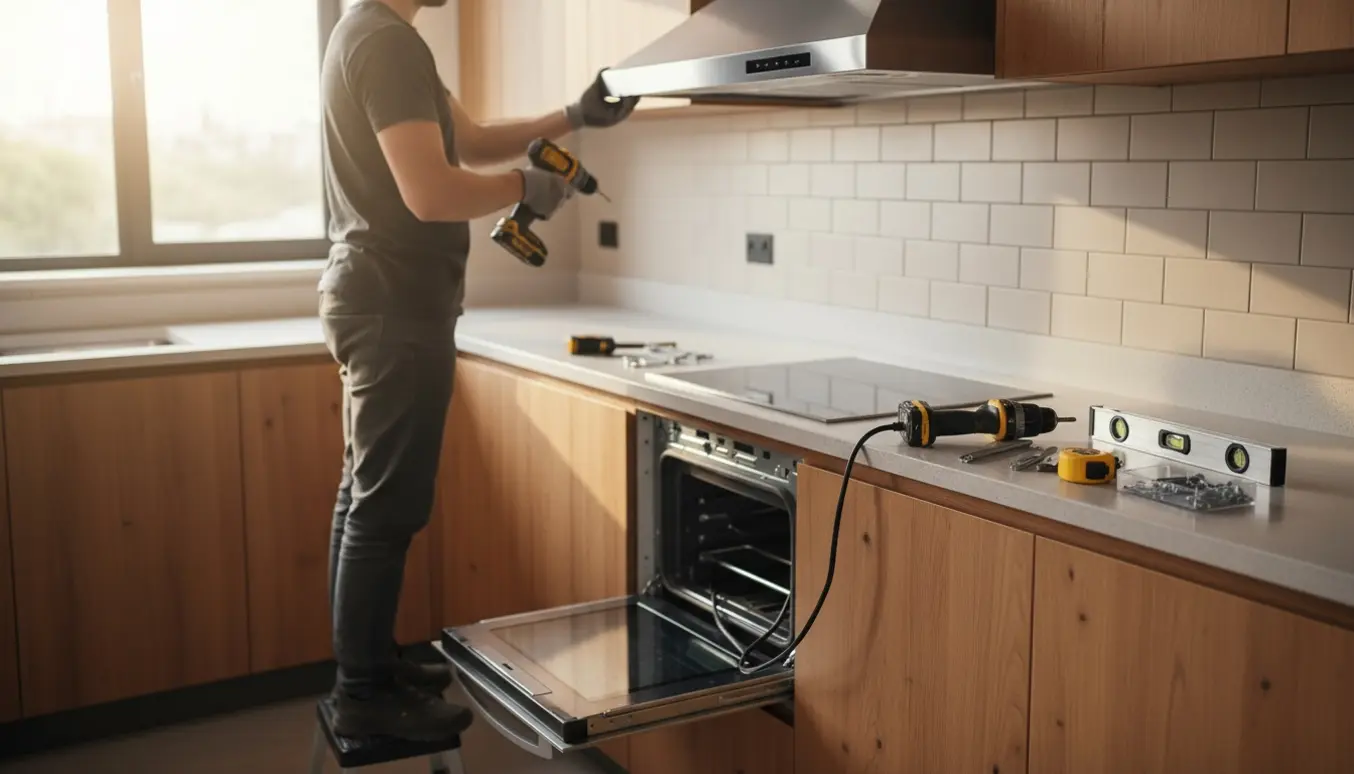 Tekniker set bagfra monterer en rustfri emhætte over komfuret, mens en indbygget ovn skubbes ind i underkabinettet.