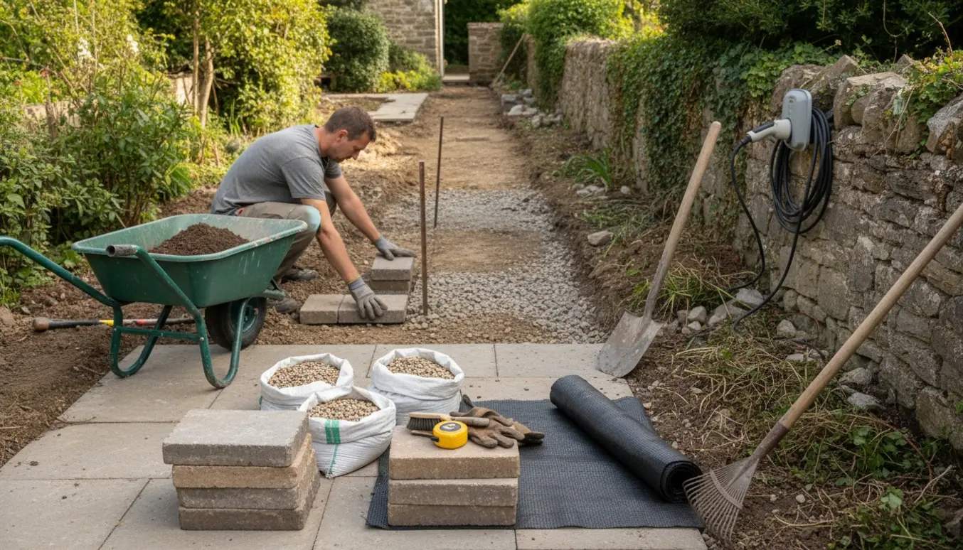 Lang, smal havegang forberedes til nye fliser med stabler af fliser, grus, ukrudtsdug og værktøj, med elbil-udtag og pæle intakte.