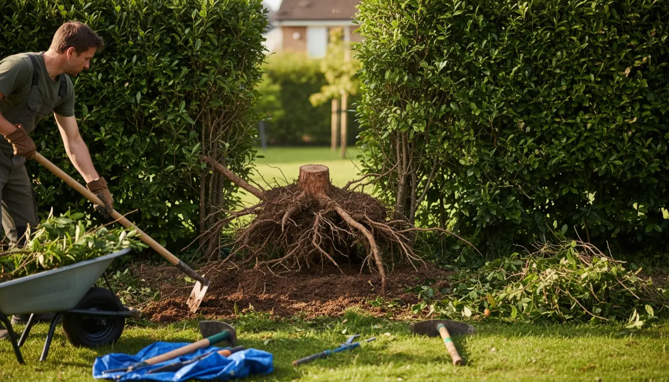 Eksponeret hækstump og rødder i en solrig have med handsker og haveredskaber klar til fjernelse.