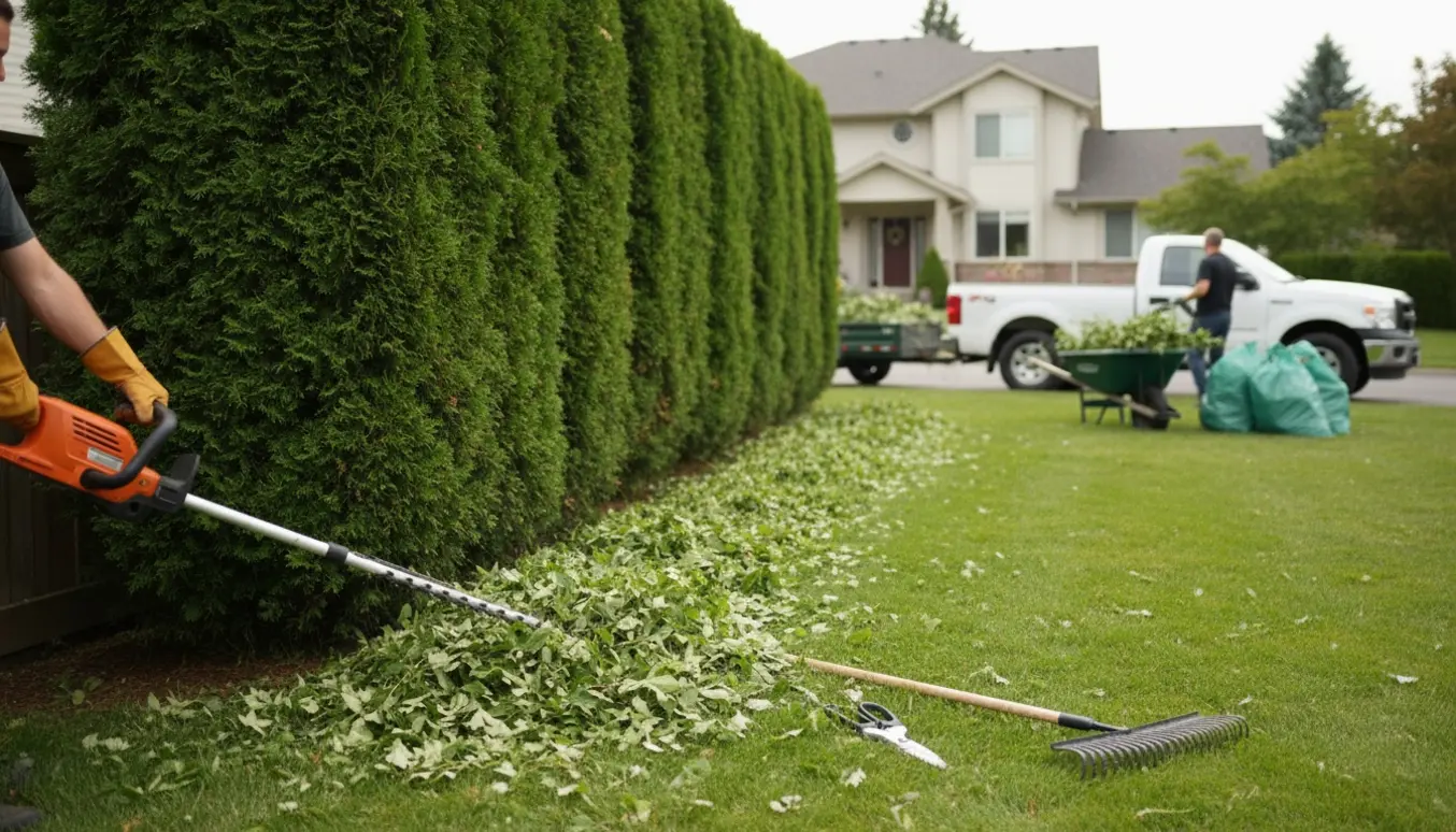 Hæk klippes langs husets skel med trimmer, haveredskaber og fyldt trillebør klar til bortskaffelse.