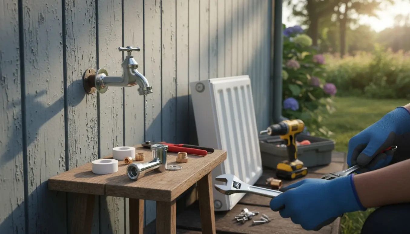 Udendørs skæv vandhane under udskiftning ved husmur med radiator og værktøj klar.