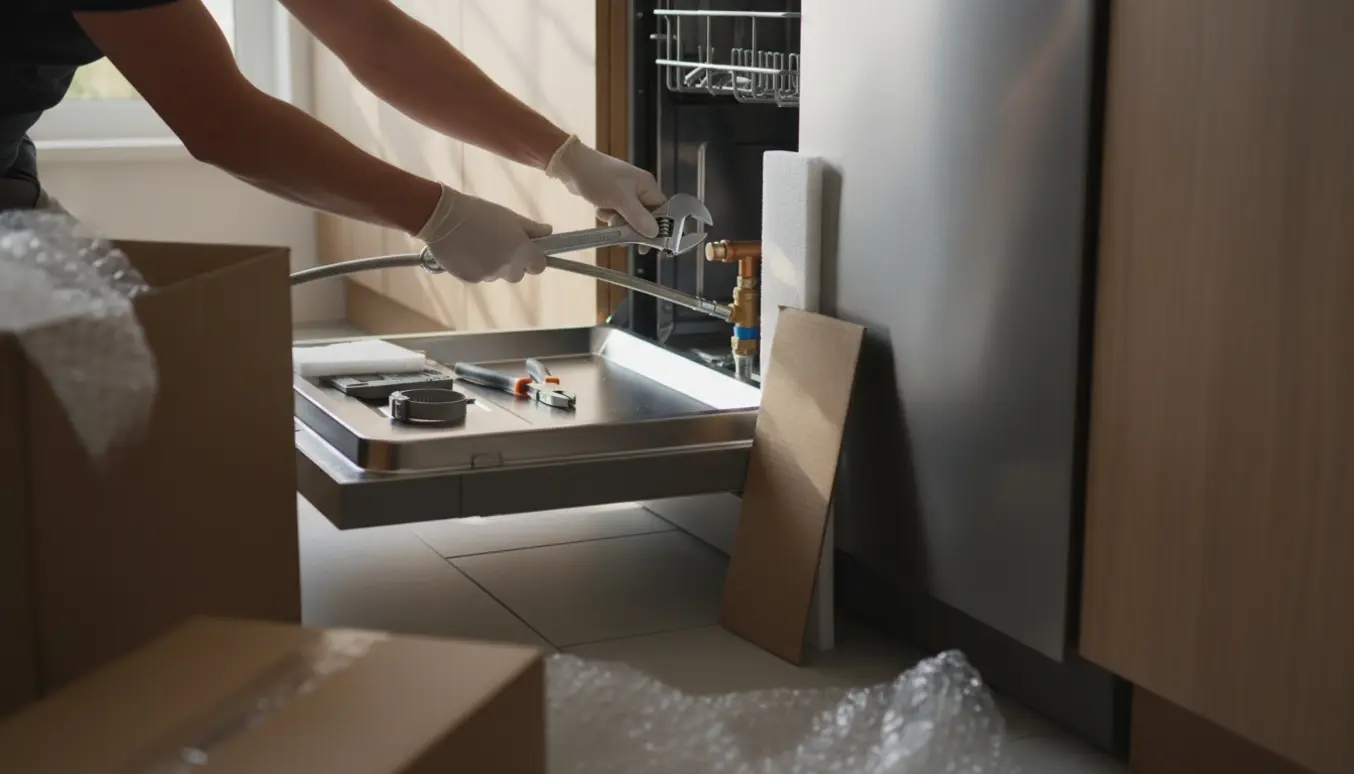 Nærbillede af hænder, der tilslutter vandtilslutningen til en ny opvaskemaskine i et åbent køkkenskab.