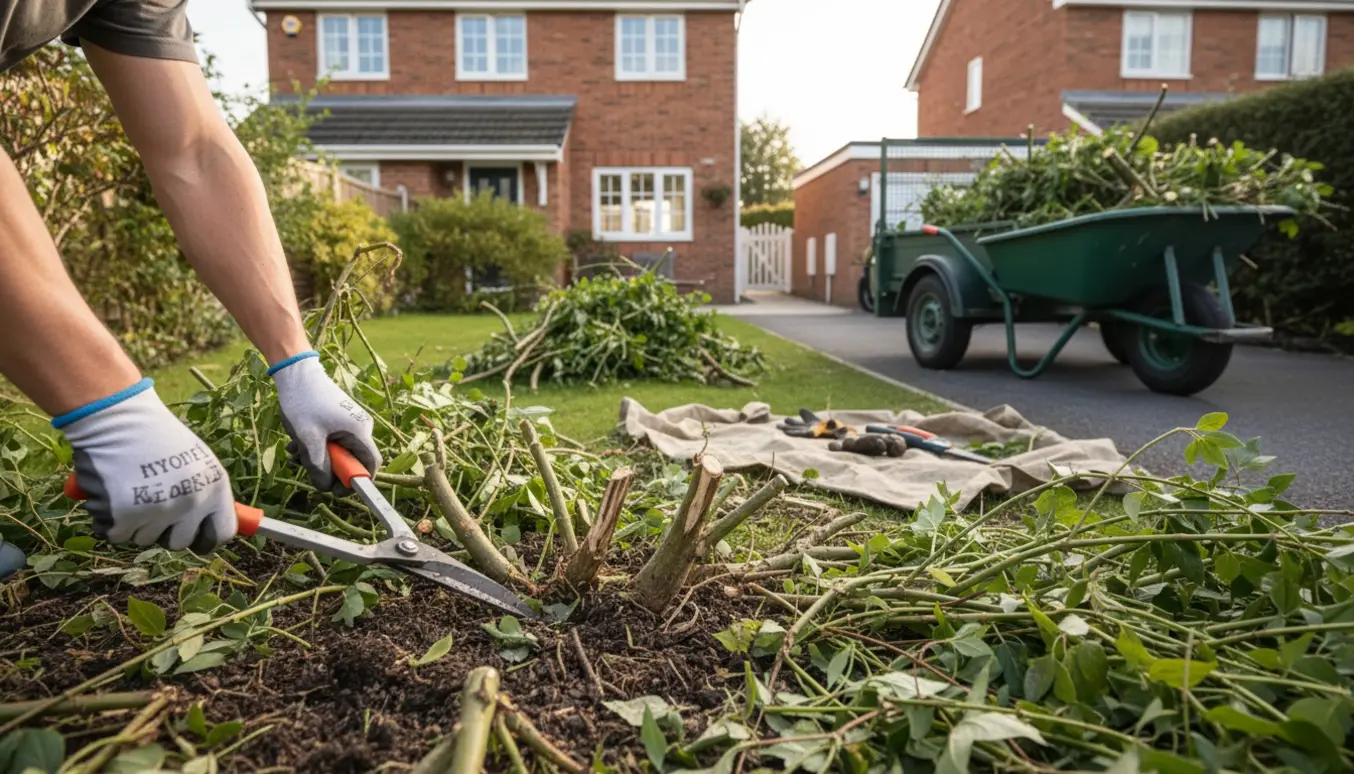 Rydning af krat og ukrudt i privat have med afklippede grene samlet i trailer og haveredskaber.
