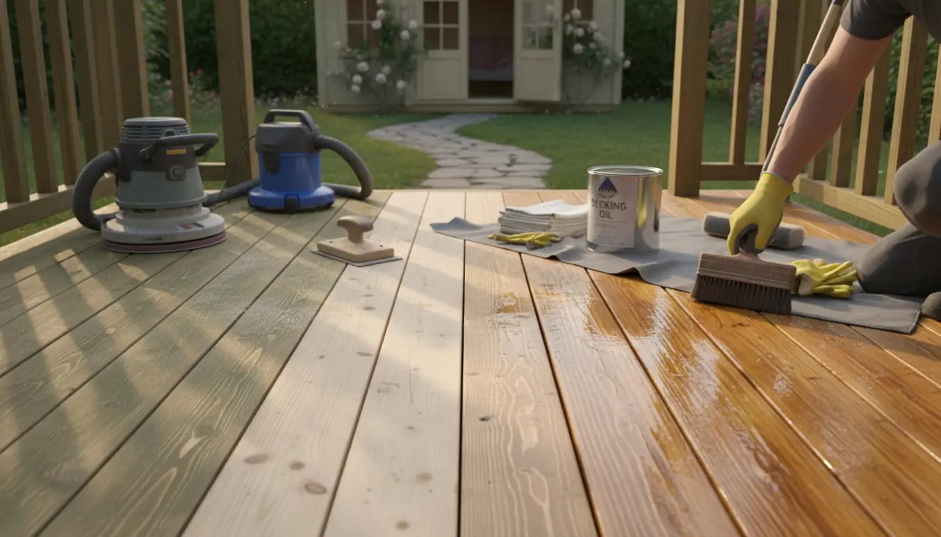 Halvslebet og halviolieret trykimprægneret træterrasse ved et sommerhus med slibemaskine, oliespand og handsker.