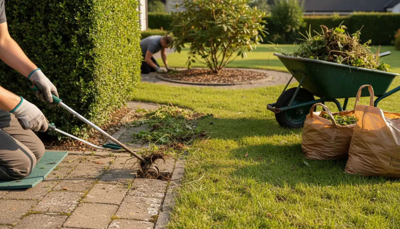 Havearbejde med fjernelse af tæt ukrudt mellem fliser, ved en ung hæk og i et rhododendronbed, med grønt affald i trillebør og sække klar til bortkørsel.